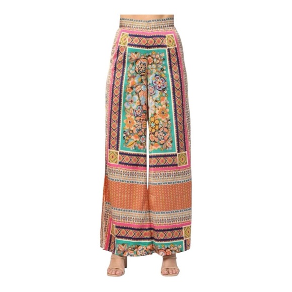 Fate NWT Boho Floral Scarf Print Wide-Leg Side Slit Palazzo Pants Women’s S - Picture 2 of 10